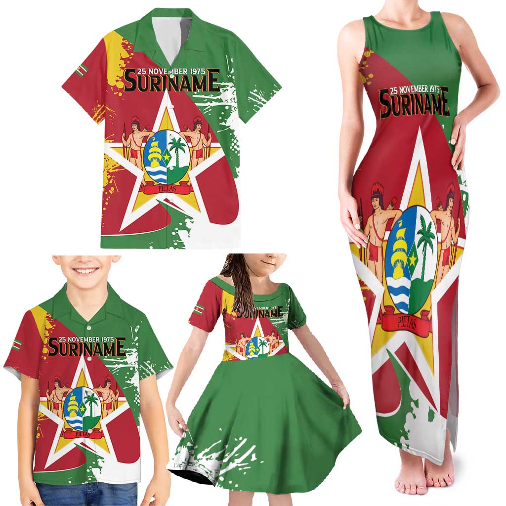 Personalized Suriname Independence Day Family Matching Tank Maxi Dress and Hawaiian Shirt Coat Of Arms - Flag Style - Wonder Print Shop