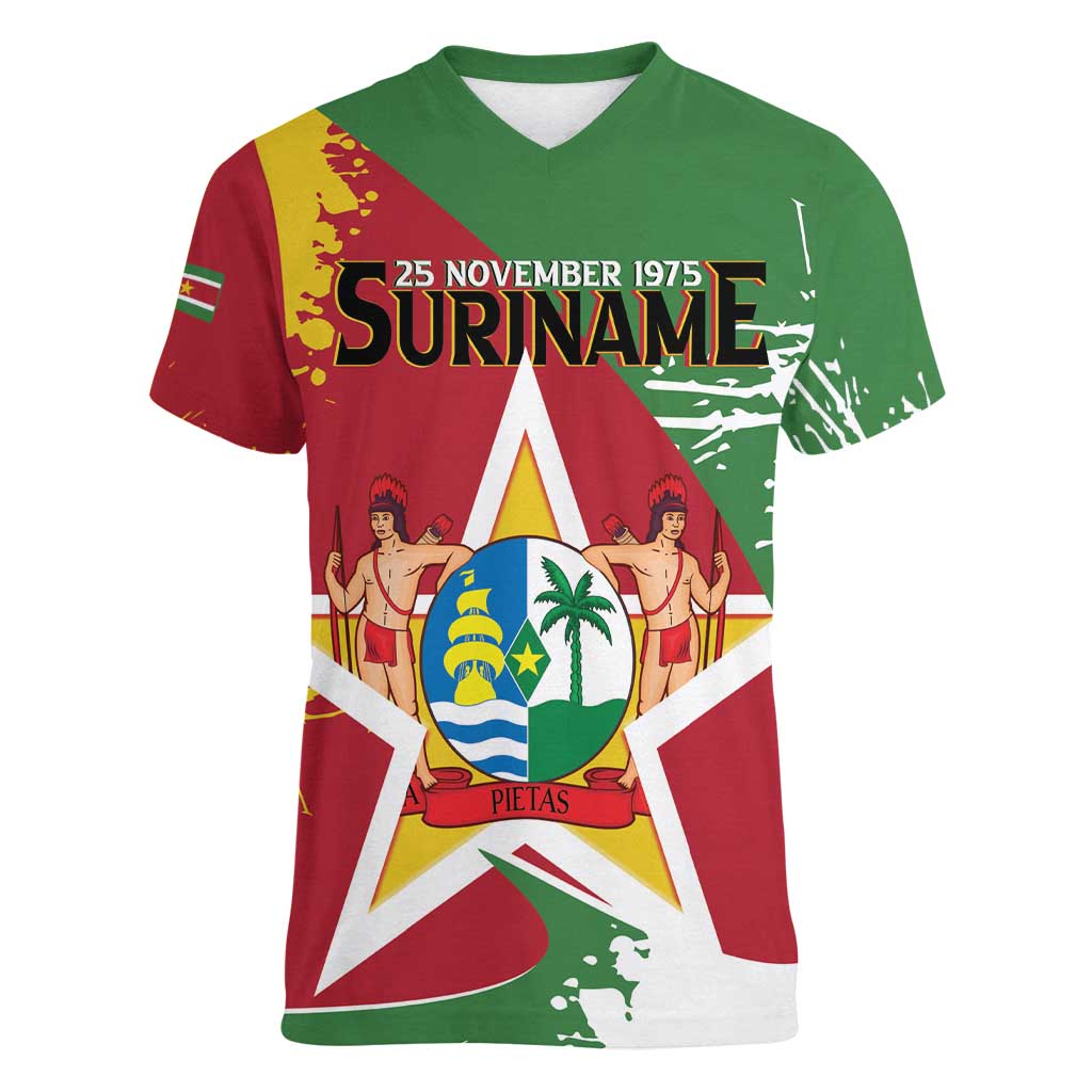 Personalized Suriname Independence Day Women V-Neck T-Shirt Coat Of Arms - Flag Style - Wonder Print Shop