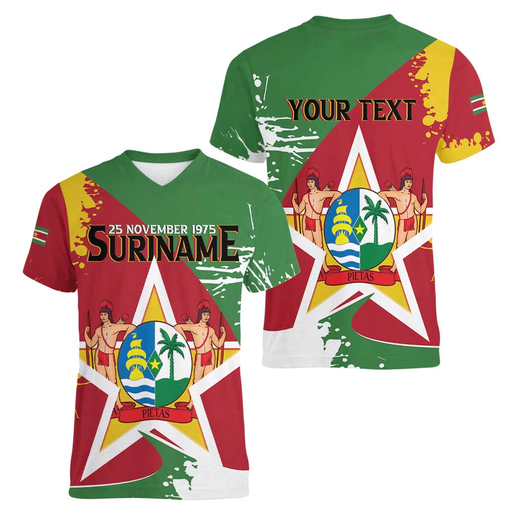 Personalized Suriname Independence Day Women V-Neck T-Shirt Coat Of Arms - Flag Style - Wonder Print Shop