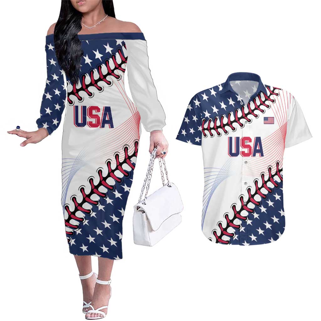 Custom Baseball 2024 USA Couples Matching Off The Shoulder Long Sleeve Dress and Hawaiian Shirt Go United States - Wonder Print Shop