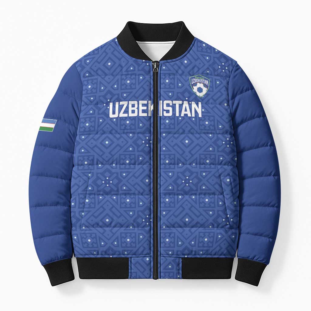 Uzbekistan Football Custom Bomber Puffer Jacket Come On White Wolves Blue - Wonder Print Shop