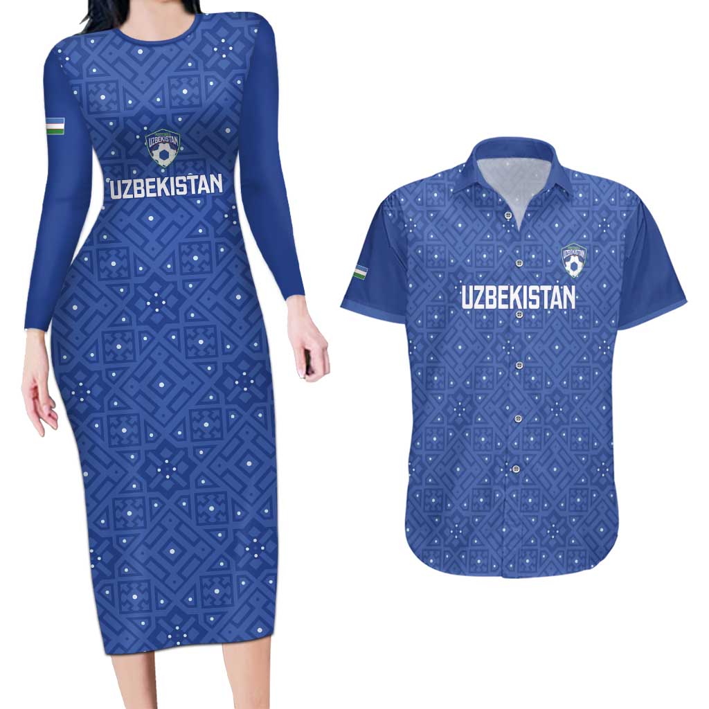 Uzbekistan Football Custom Couples Matching Long Sleeve Bodycon Dress and Hawaiian Shirt Come On White Wolves Blue - Wonder Print Shop