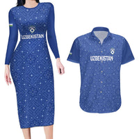 Uzbekistan Football Custom Couples Matching Long Sleeve Bodycon Dress and Hawaiian Shirt Come On White Wolves Blue - Wonder Print Shop