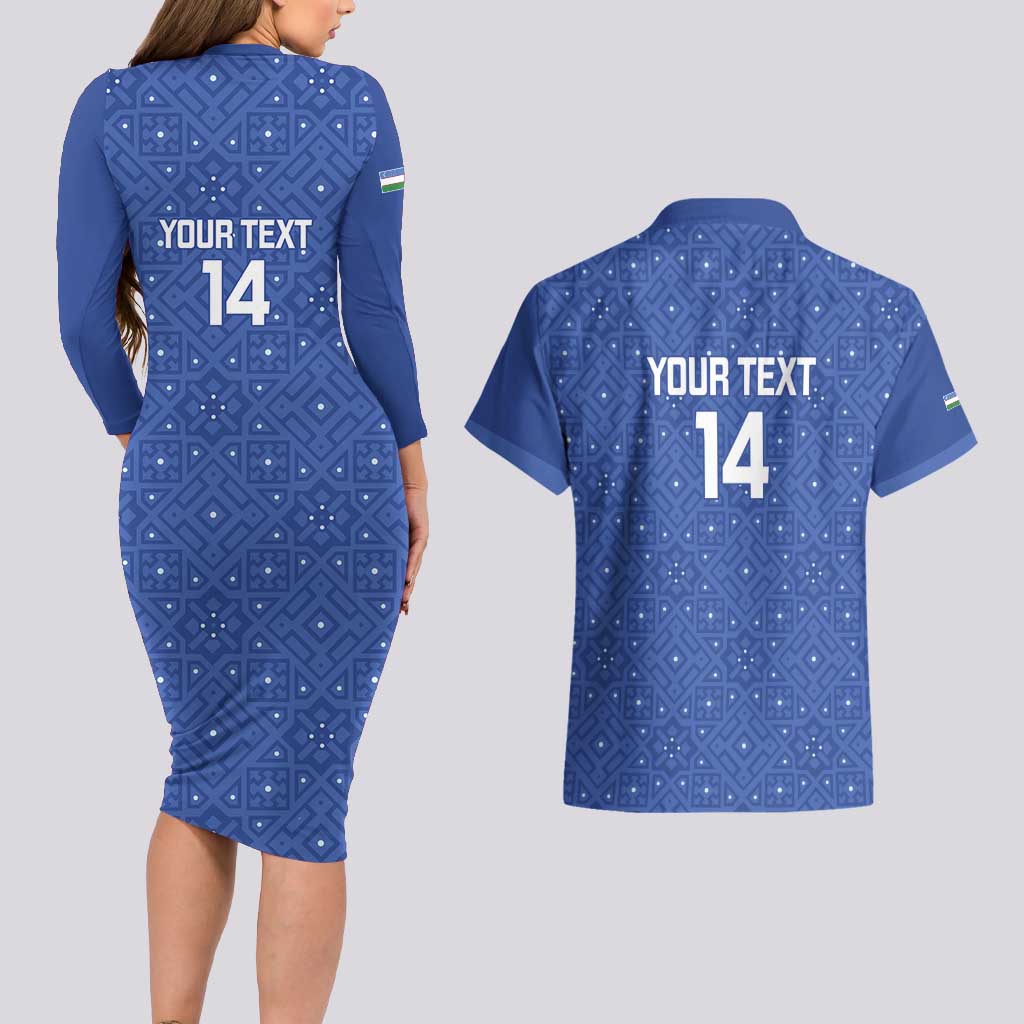 Uzbekistan Football Custom Couples Matching Long Sleeve Bodycon Dress and Hawaiian Shirt Come On White Wolves Blue - Wonder Print Shop