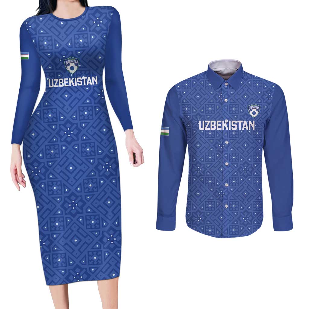 Uzbekistan Football Custom Couples Matching Long Sleeve Bodycon Dress and Long Sleeve Button Shirt Come On White Wolves Blue - Wonder Print Shop