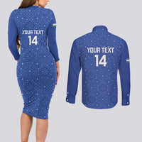 Uzbekistan Football Custom Couples Matching Long Sleeve Bodycon Dress and Long Sleeve Button Shirt Come On White Wolves Blue - Wonder Print Shop