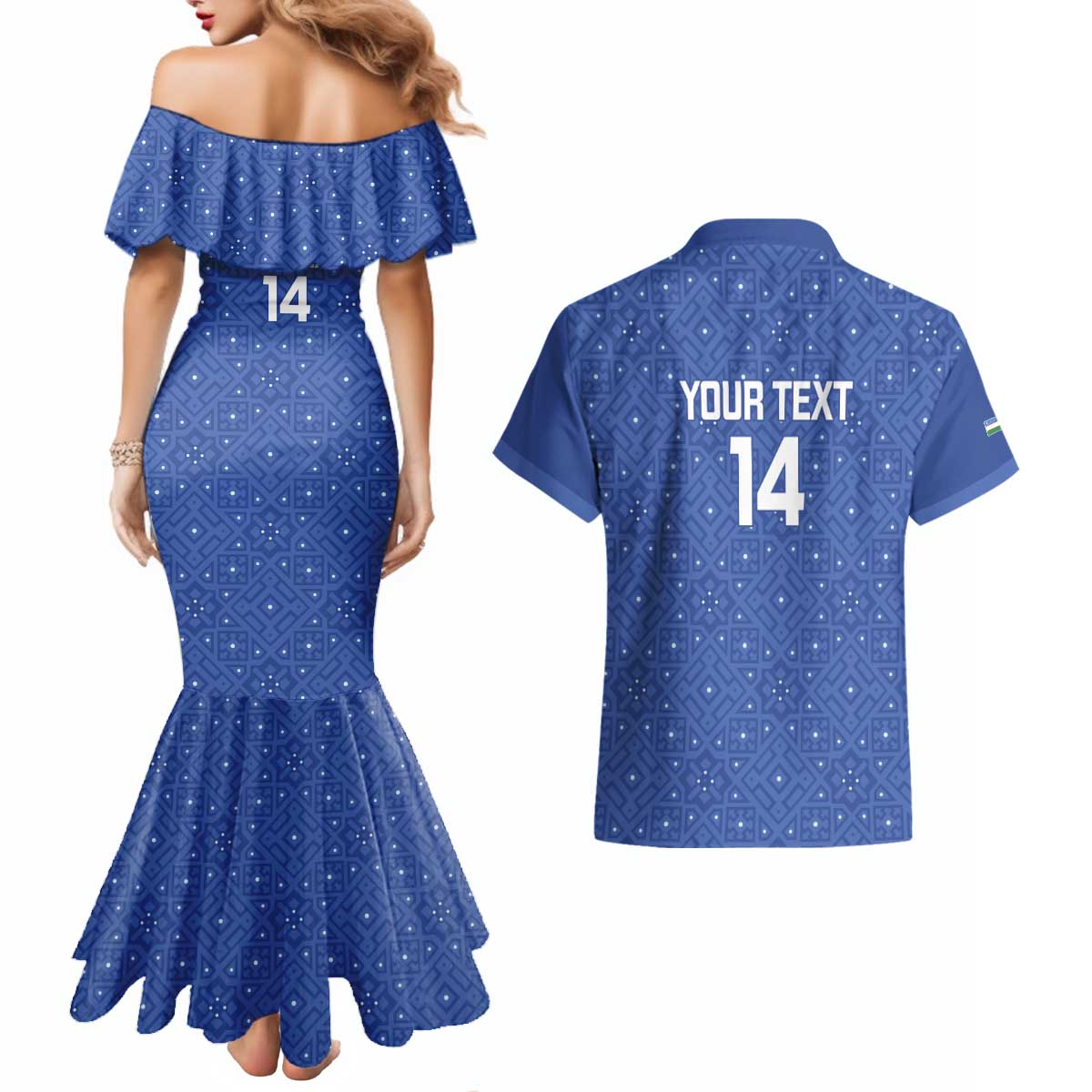 Uzbekistan Football Custom Couples Matching Mermaid Dress and Hawaiian Shirt Come On White Wolves Blue - Wonder Print Shop