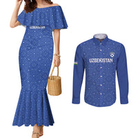 Uzbekistan Football Custom Couples Matching Mermaid Dress and Long Sleeve Button Shirt Come On White Wolves Blue - Wonder Print Shop