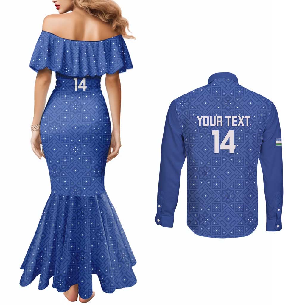 Uzbekistan Football Custom Couples Matching Mermaid Dress and Long Sleeve Button Shirt Come On White Wolves Blue - Wonder Print Shop