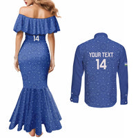 Uzbekistan Football Custom Couples Matching Mermaid Dress and Long Sleeve Button Shirt Come On White Wolves Blue - Wonder Print Shop