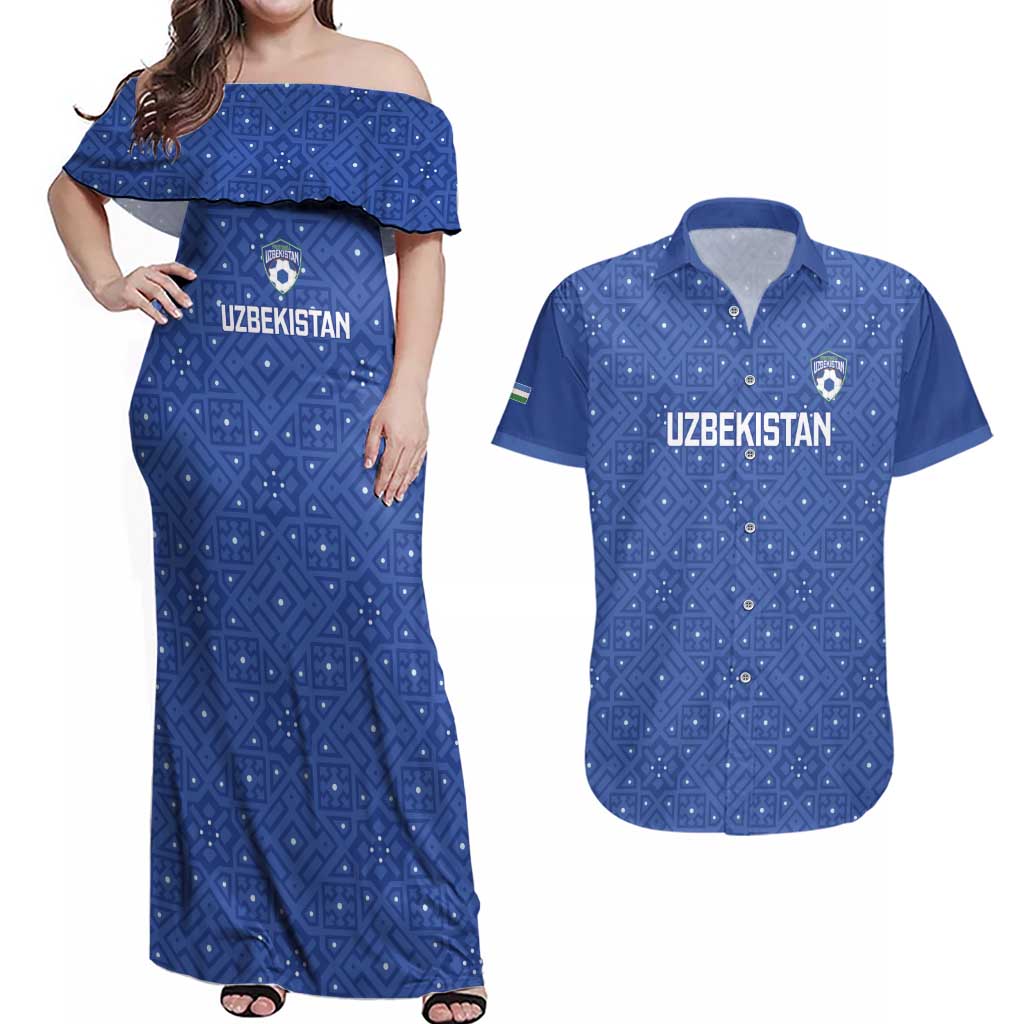 Uzbekistan Football Custom Couples Matching Off Shoulder Maxi Dress and Hawaiian Shirt Come On White Wolves Blue - Wonder Print Shop