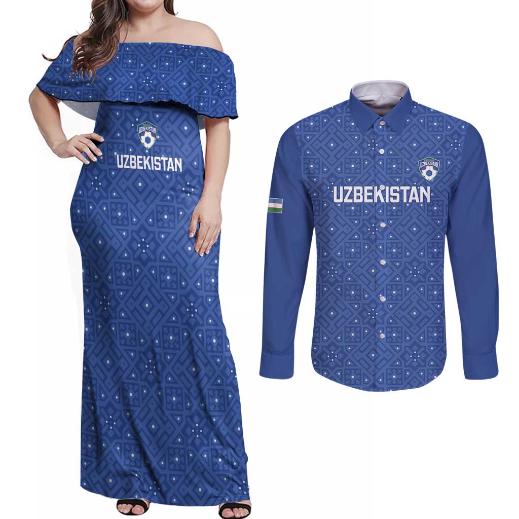Uzbekistan Football Custom Couples Matching Off Shoulder Maxi Dress and Long Sleeve Button Shirt Come On White Wolves Blue - Wonder Print Shop