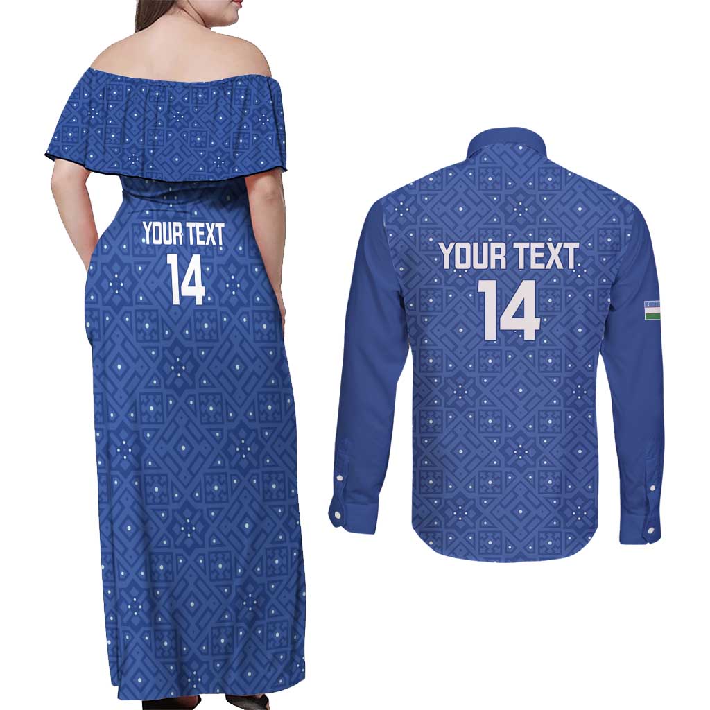 Uzbekistan Football Custom Couples Matching Off Shoulder Maxi Dress and Long Sleeve Button Shirt Come On White Wolves Blue - Wonder Print Shop