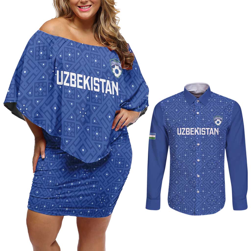 Uzbekistan Football Custom Couples Matching Off Shoulder Short Dress and Long Sleeve Button Shirt Come On White Wolves Blue - Wonder Print Shop