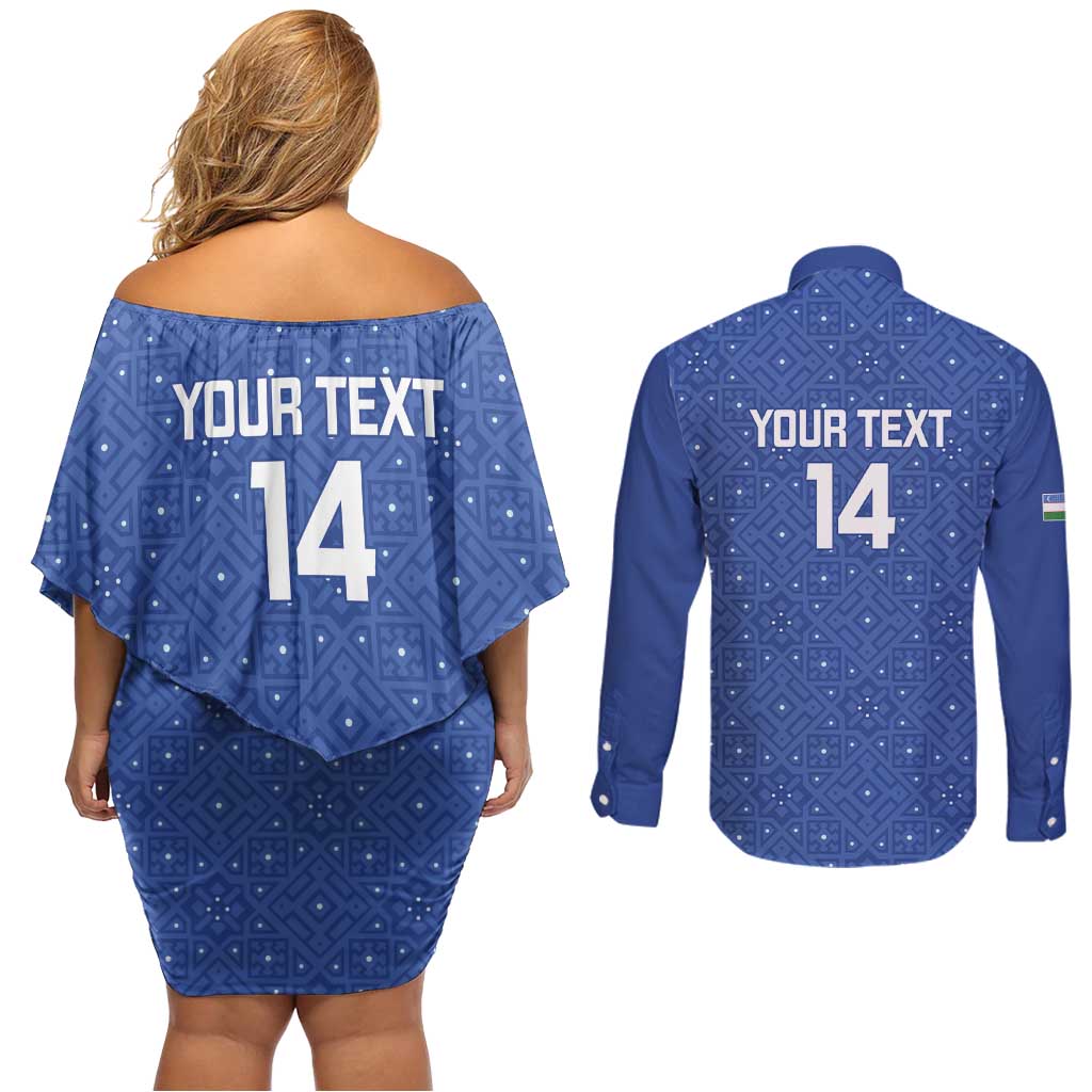 Uzbekistan Football Custom Couples Matching Off Shoulder Short Dress and Long Sleeve Button Shirt Come On White Wolves Blue - Wonder Print Shop