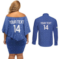 Uzbekistan Football Custom Couples Matching Off Shoulder Short Dress and Long Sleeve Button Shirt Come On White Wolves Blue - Wonder Print Shop