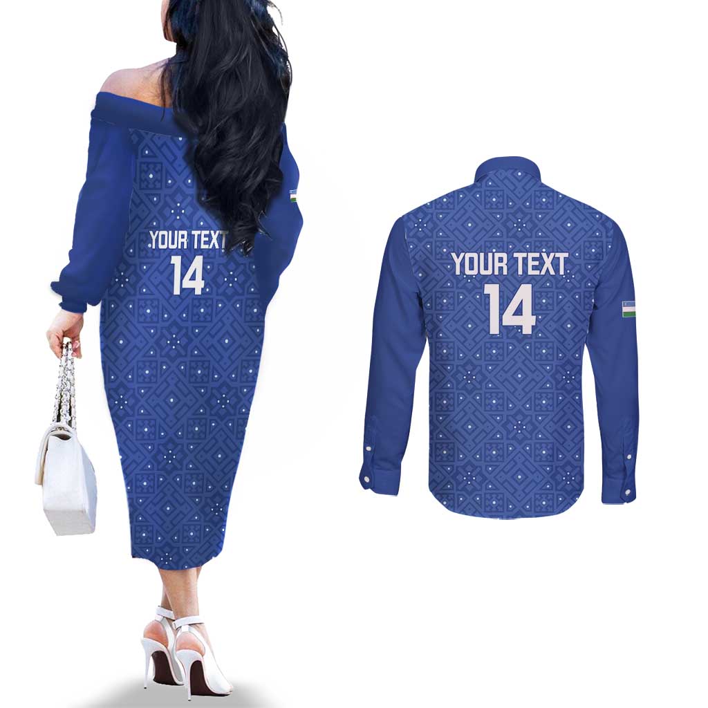 Uzbekistan Football Custom Couples Matching Off The Shoulder Long Sleeve Dress and Long Sleeve Button Shirt Come On White Wolves Blue - Wonder Print Shop