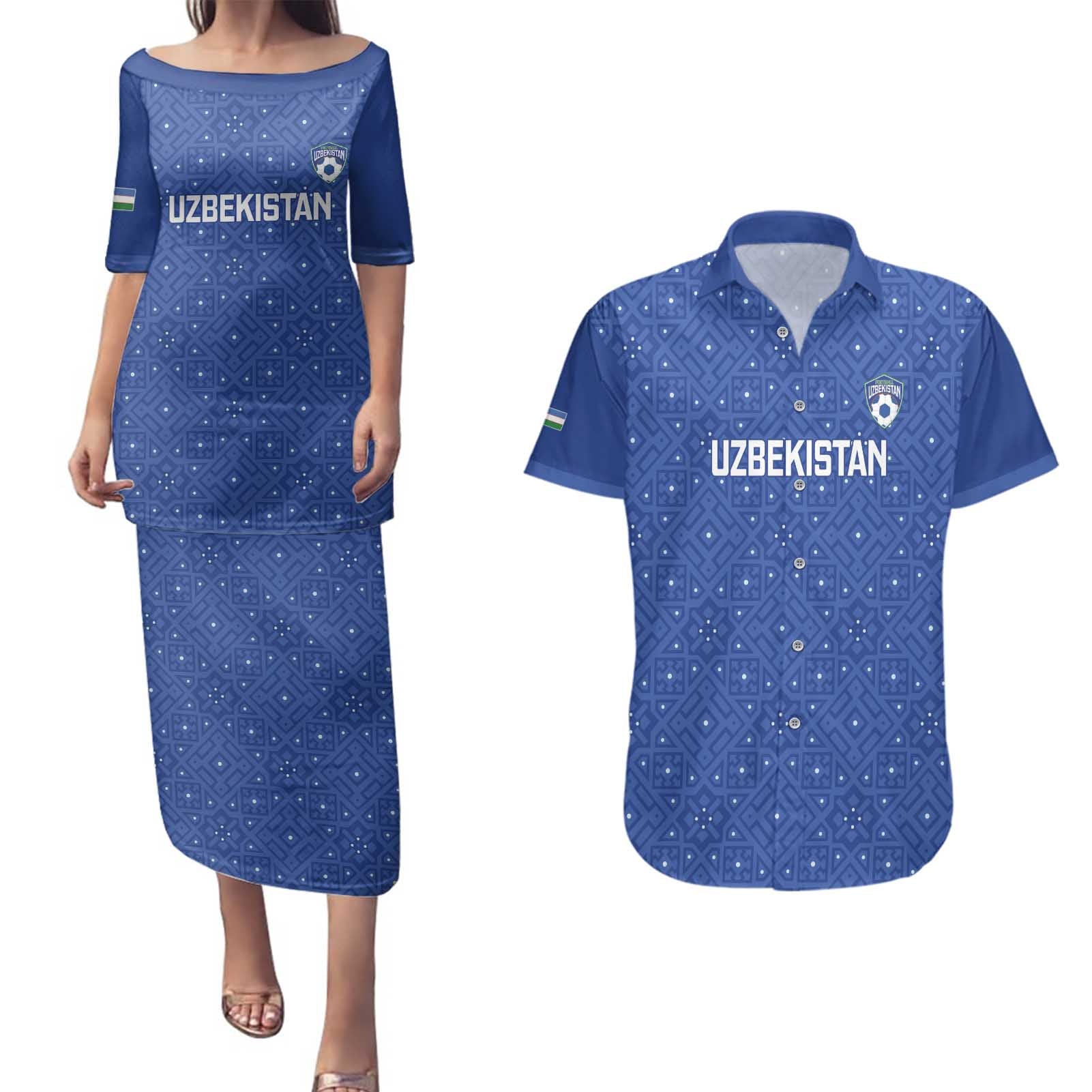 Uzbekistan Football Custom Couples Matching Puletasi and Hawaiian Shirt Come On White Wolves Blue - Wonder Print Shop