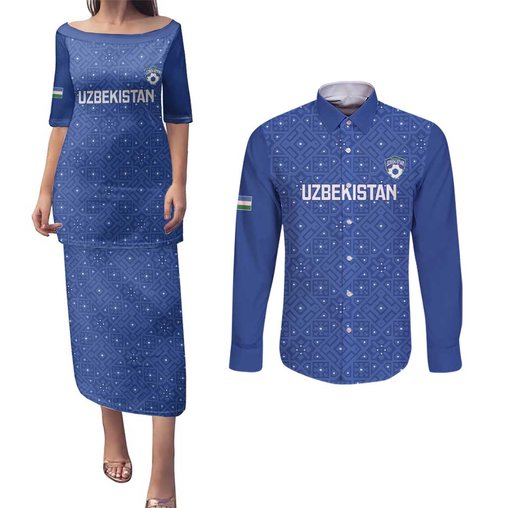 Uzbekistan Football Custom Couples Matching Puletasi and Long Sleeve Button Shirt Come On White Wolves Blue - Wonder Print Shop