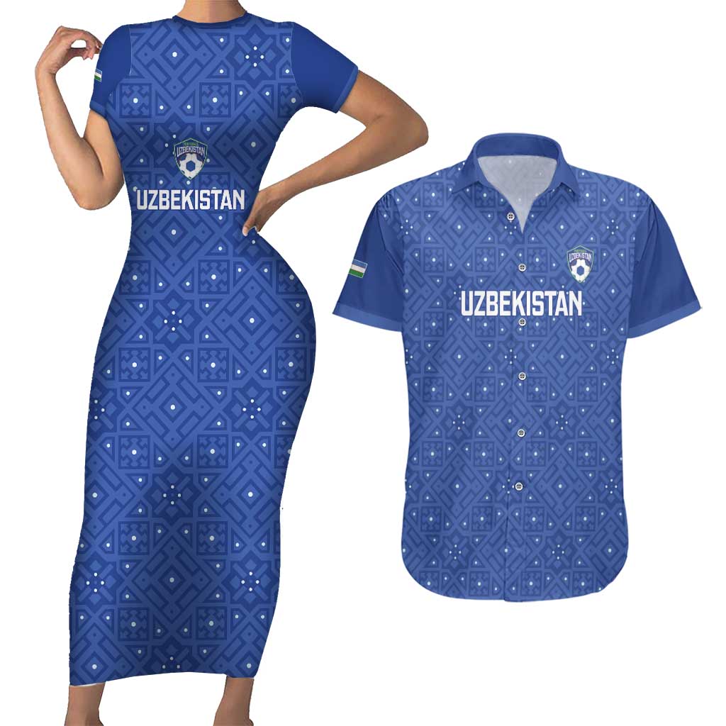 Uzbekistan Football Custom Couples Matching Short Sleeve Bodycon Dress and Hawaiian Shirt Come On White Wolves Blue - Wonder Print Shop