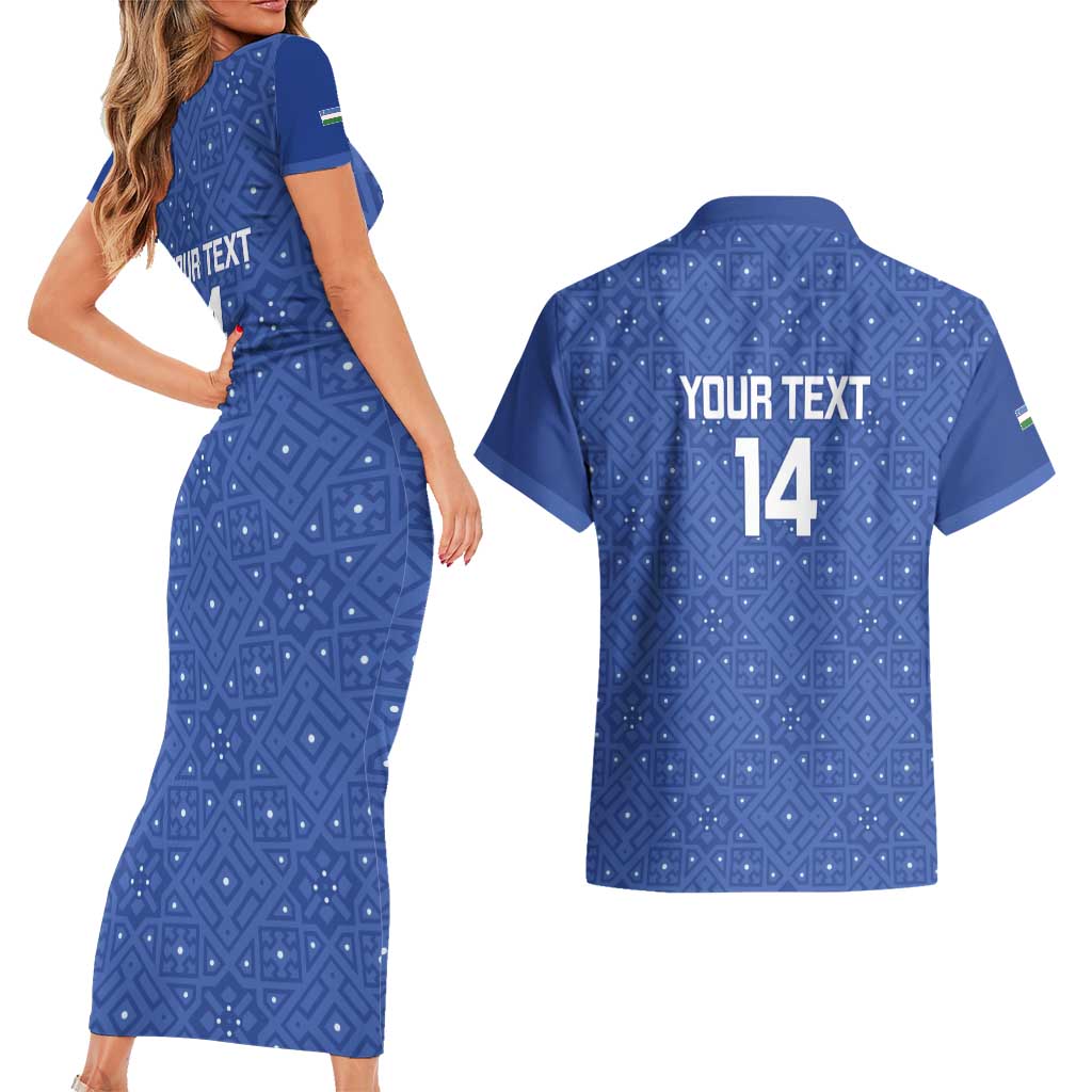 Uzbekistan Football Custom Couples Matching Short Sleeve Bodycon Dress and Hawaiian Shirt Come On White Wolves Blue - Wonder Print Shop