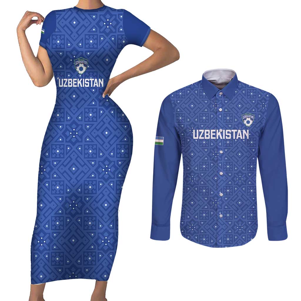Uzbekistan Football Custom Couples Matching Short Sleeve Bodycon Dress and Long Sleeve Button Shirt Come On White Wolves Blue - Wonder Print Shop