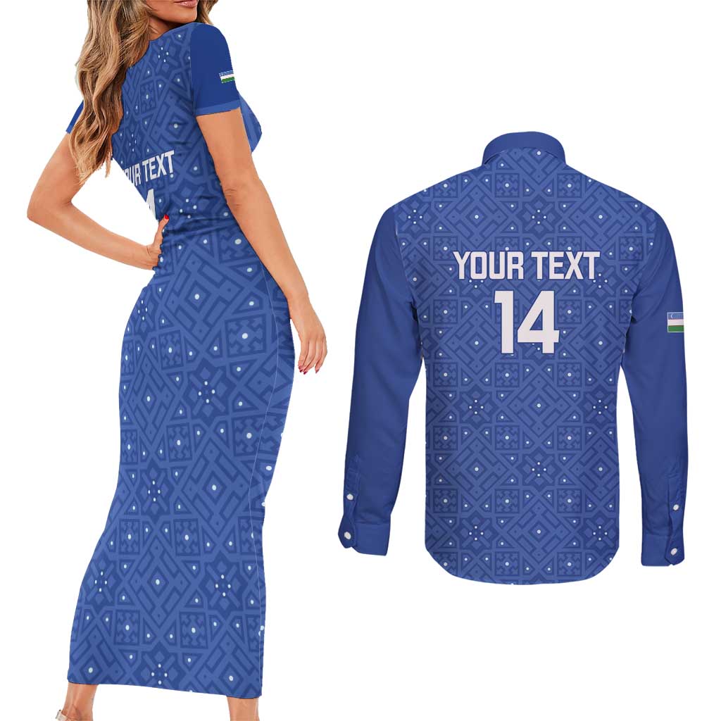 Uzbekistan Football Custom Couples Matching Short Sleeve Bodycon Dress and Long Sleeve Button Shirt Come On White Wolves Blue - Wonder Print Shop