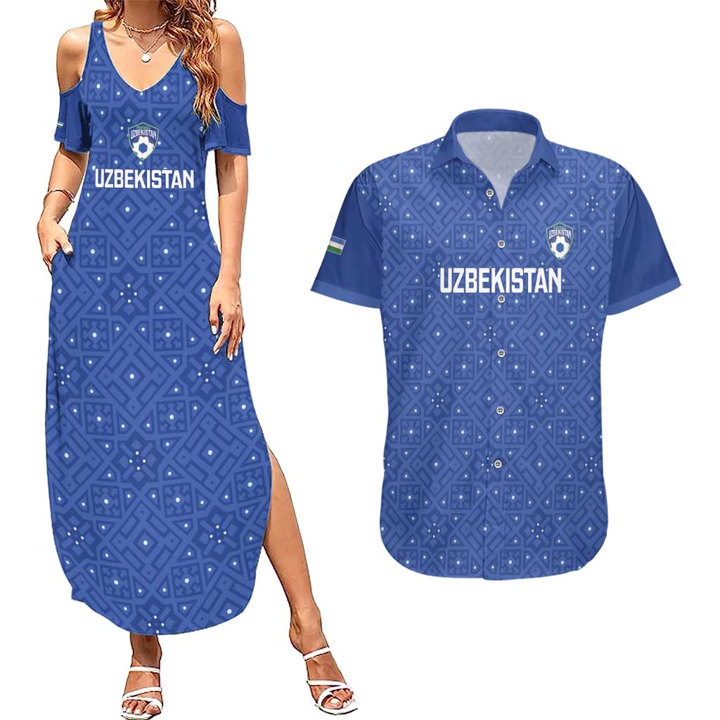 Uzbekistan Football Custom Couples Matching Summer Maxi Dress and Hawaiian Shirt Come On White Wolves Blue - Wonder Print Shop