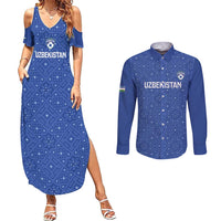 Uzbekistan Football Custom Couples Matching Summer Maxi Dress and Long Sleeve Button Shirt Come On White Wolves Blue - Wonder Print Shop