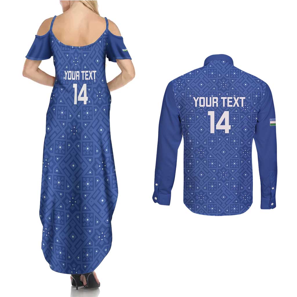 Uzbekistan Football Custom Couples Matching Summer Maxi Dress and Long Sleeve Button Shirt Come On White Wolves Blue - Wonder Print Shop