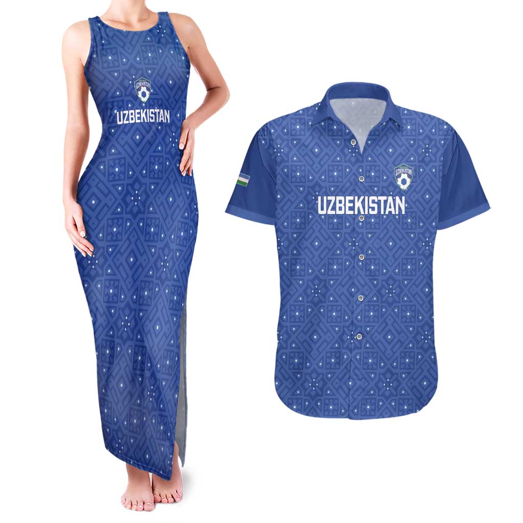 Uzbekistan Football Custom Couples Matching Tank Maxi Dress and Hawaiian Shirt Come On White Wolves Blue - Wonder Print Shop