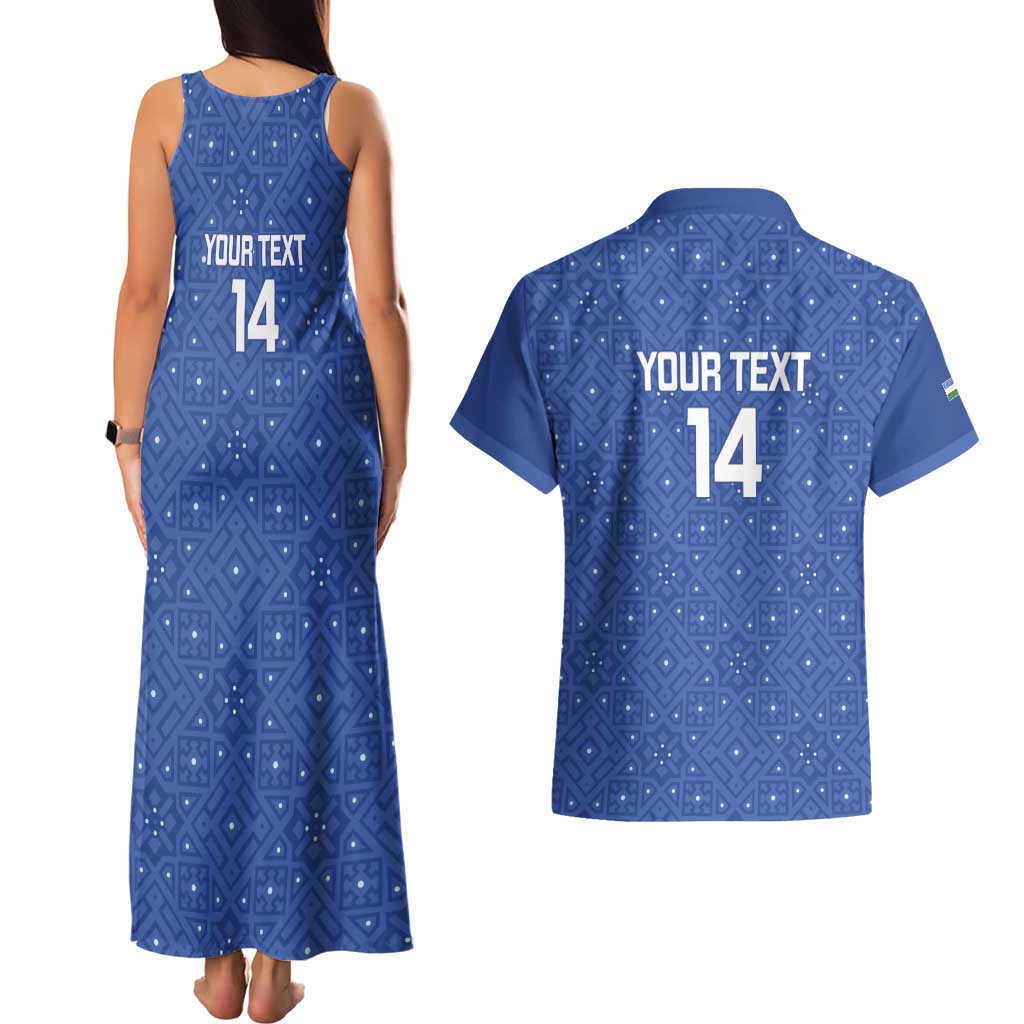 Uzbekistan Football Custom Couples Matching Tank Maxi Dress and Hawaiian Shirt Come On White Wolves Blue - Wonder Print Shop