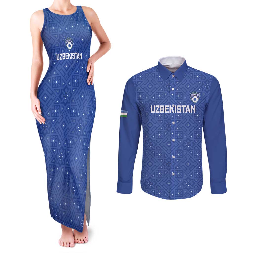 Uzbekistan Football Custom Couples Matching Tank Maxi Dress and Long Sleeve Button Shirt Come On White Wolves Blue - Wonder Print Shop