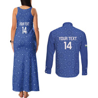 Uzbekistan Football Custom Couples Matching Tank Maxi Dress and Long Sleeve Button Shirt Come On White Wolves Blue - Wonder Print Shop