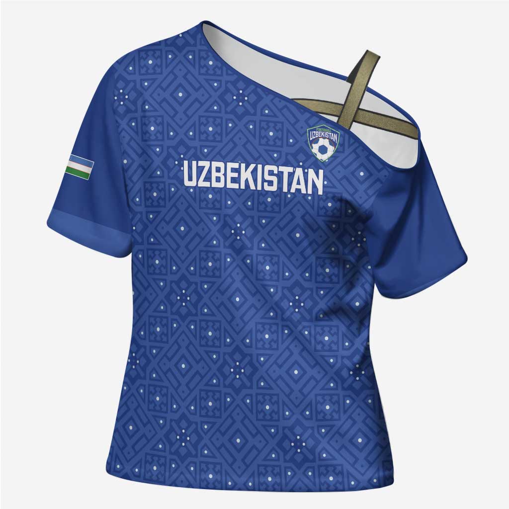 Uzbekistan Football Custom Cross Shoulder Shirt Come On White Wolves Blue - Wonder Print Shop