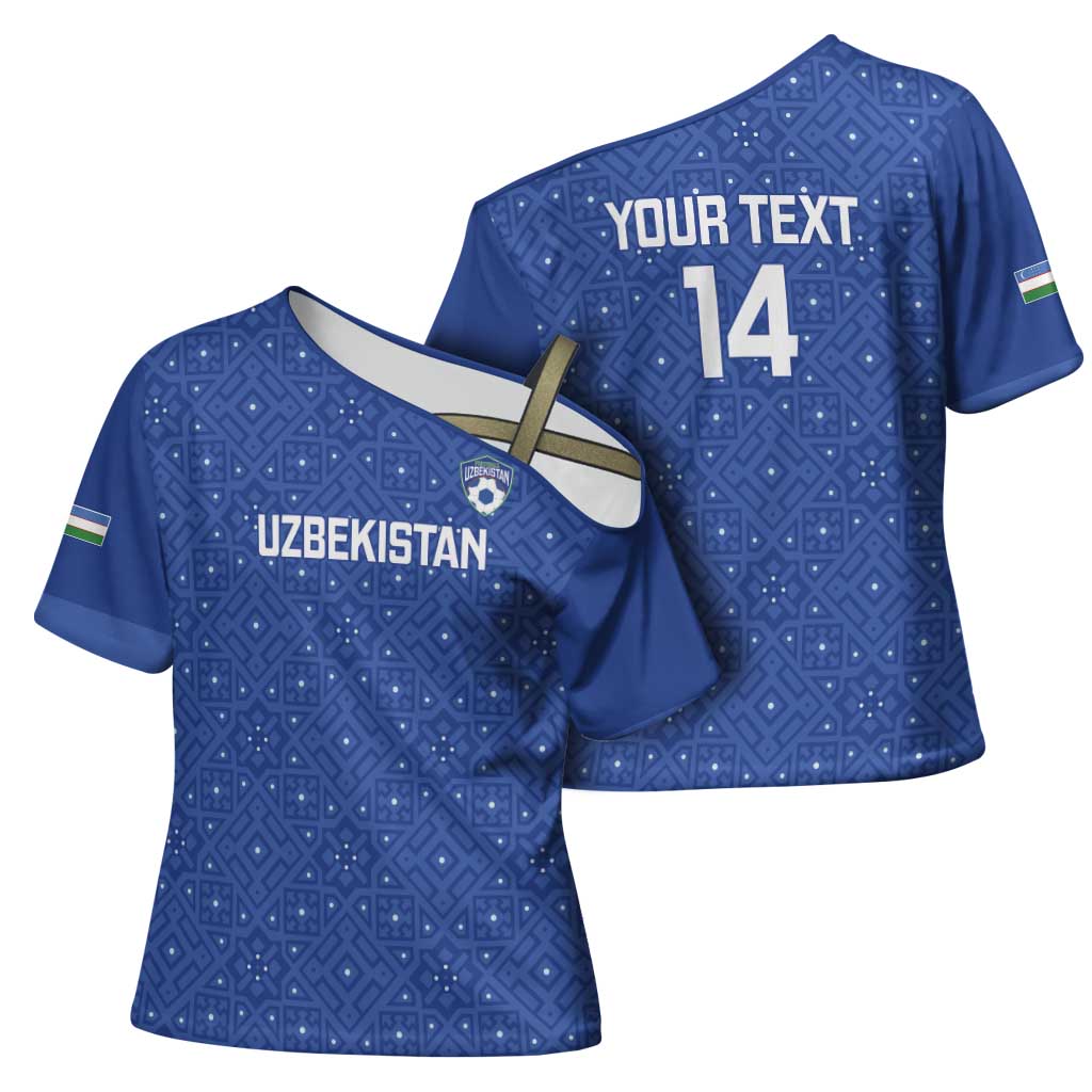 Uzbekistan Football Custom Cross Shoulder Shirt Come On White Wolves Blue - Wonder Print Shop