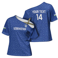 Uzbekistan Football Custom Cross Shoulder Shirt Come On White Wolves Blue - Wonder Print Shop