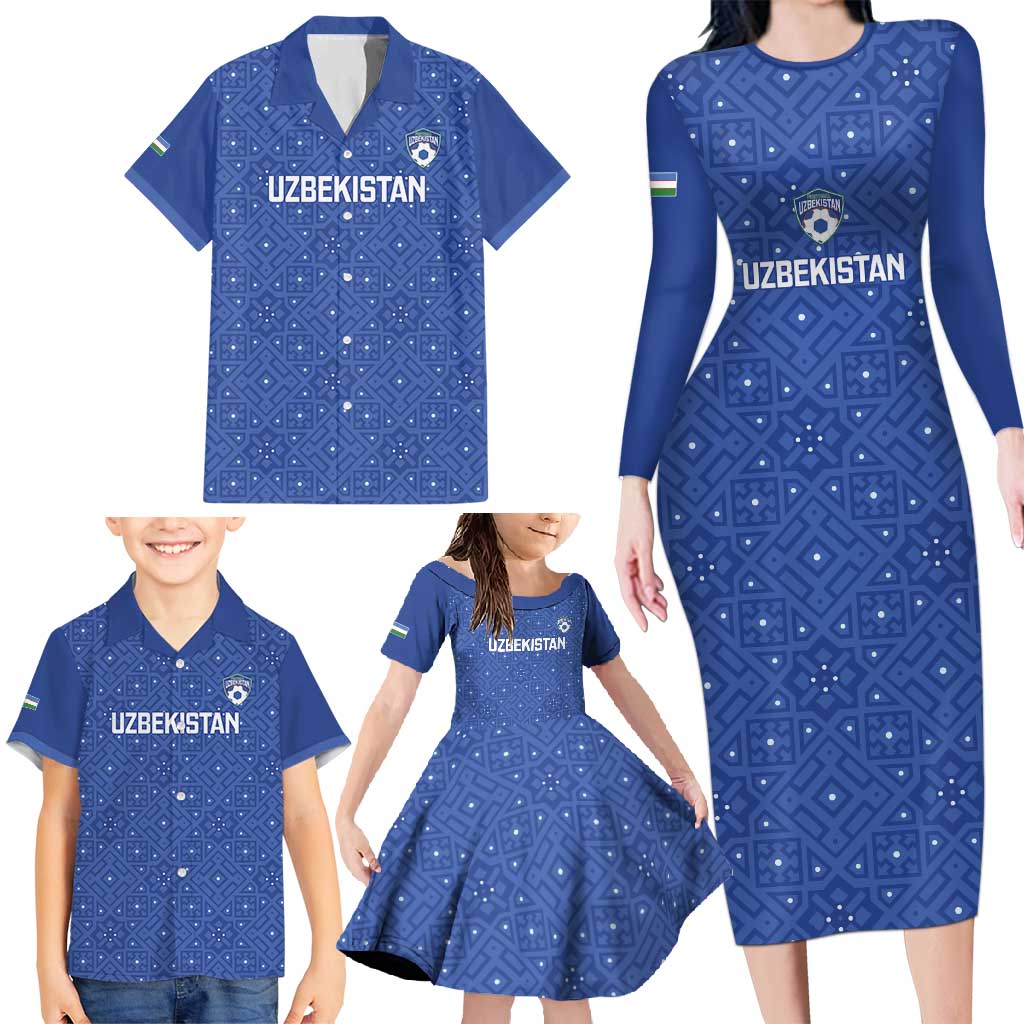 Uzbekistan Football Custom Family Matching Long Sleeve Bodycon Dress and Hawaiian Shirt Come On White Wolves Blue - Wonder Print Shop