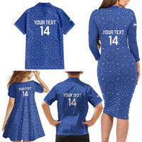 Uzbekistan Football Custom Family Matching Long Sleeve Bodycon Dress and Hawaiian Shirt Come On White Wolves Blue - Wonder Print Shop