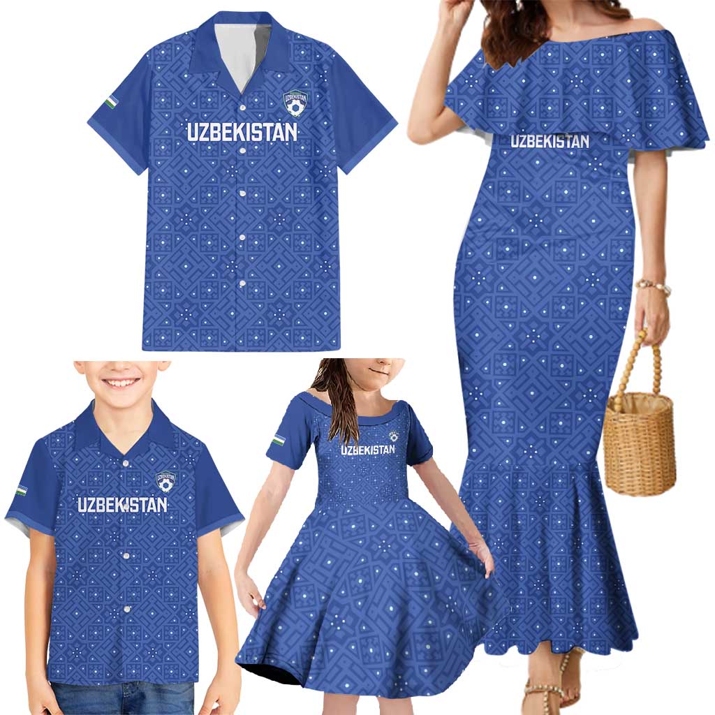 Uzbekistan Football Custom Family Matching Mermaid Dress and Hawaiian Shirt Come On White Wolves Blue - Wonder Print Shop