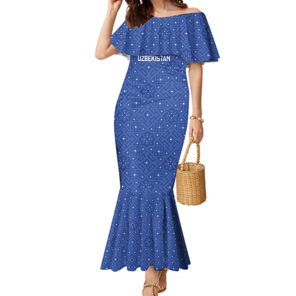 Uzbekistan Football Custom Family Matching Mermaid Dress and Hawaiian Shirt Come On White Wolves Blue - Wonder Print Shop