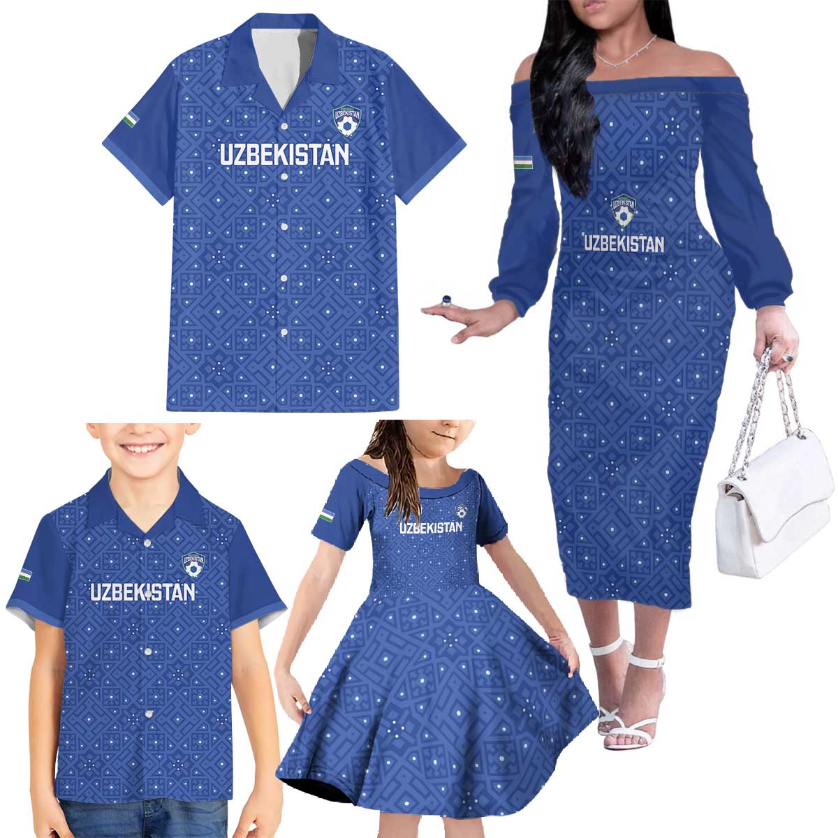 Uzbekistan Football Custom Family Matching Off The Shoulder Long Sleeve Dress and Hawaiian Shirt Come On White Wolves Blue - Wonder Print Shop
