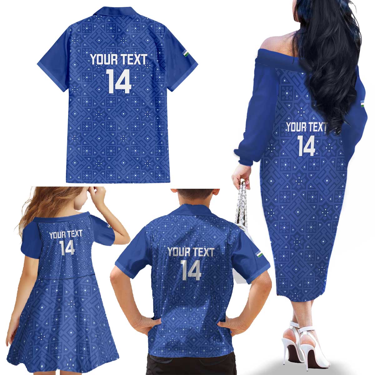 Uzbekistan Football Custom Family Matching Off The Shoulder Long Sleeve Dress and Hawaiian Shirt Come On White Wolves Blue - Wonder Print Shop