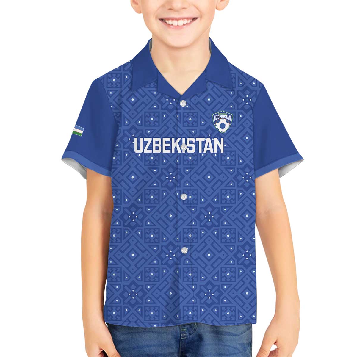 Uzbekistan Football Custom Family Matching Off The Shoulder Long Sleeve Dress and Hawaiian Shirt Come On White Wolves Blue - Wonder Print Shop