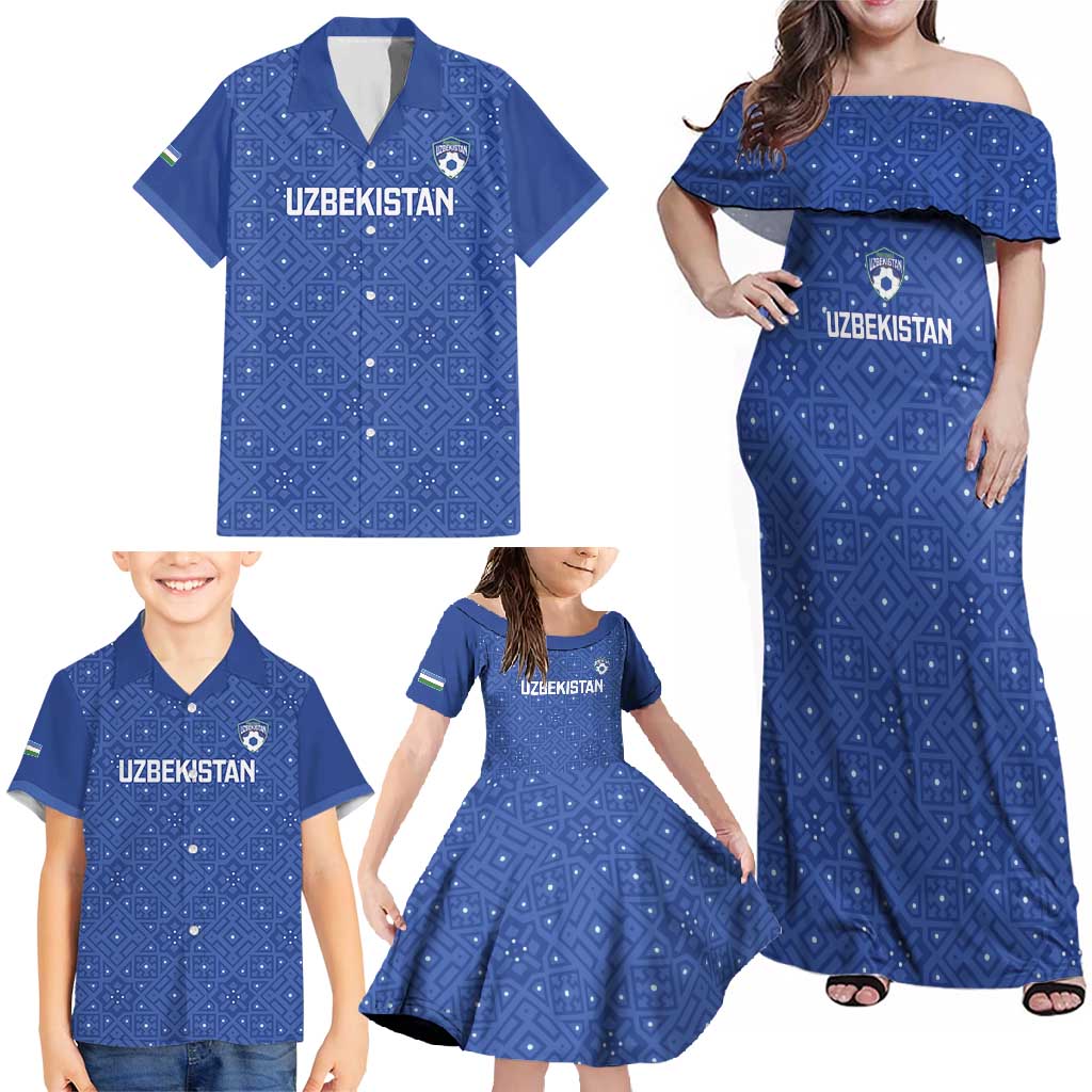 Uzbekistan Football Custom Family Matching Off Shoulder Maxi Dress and Hawaiian Shirt Come On White Wolves Blue - Wonder Print Shop