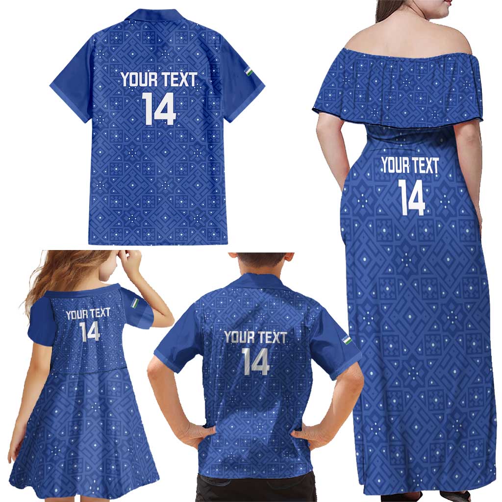 Uzbekistan Football Custom Family Matching Off Shoulder Maxi Dress and Hawaiian Shirt Come On White Wolves Blue - Wonder Print Shop