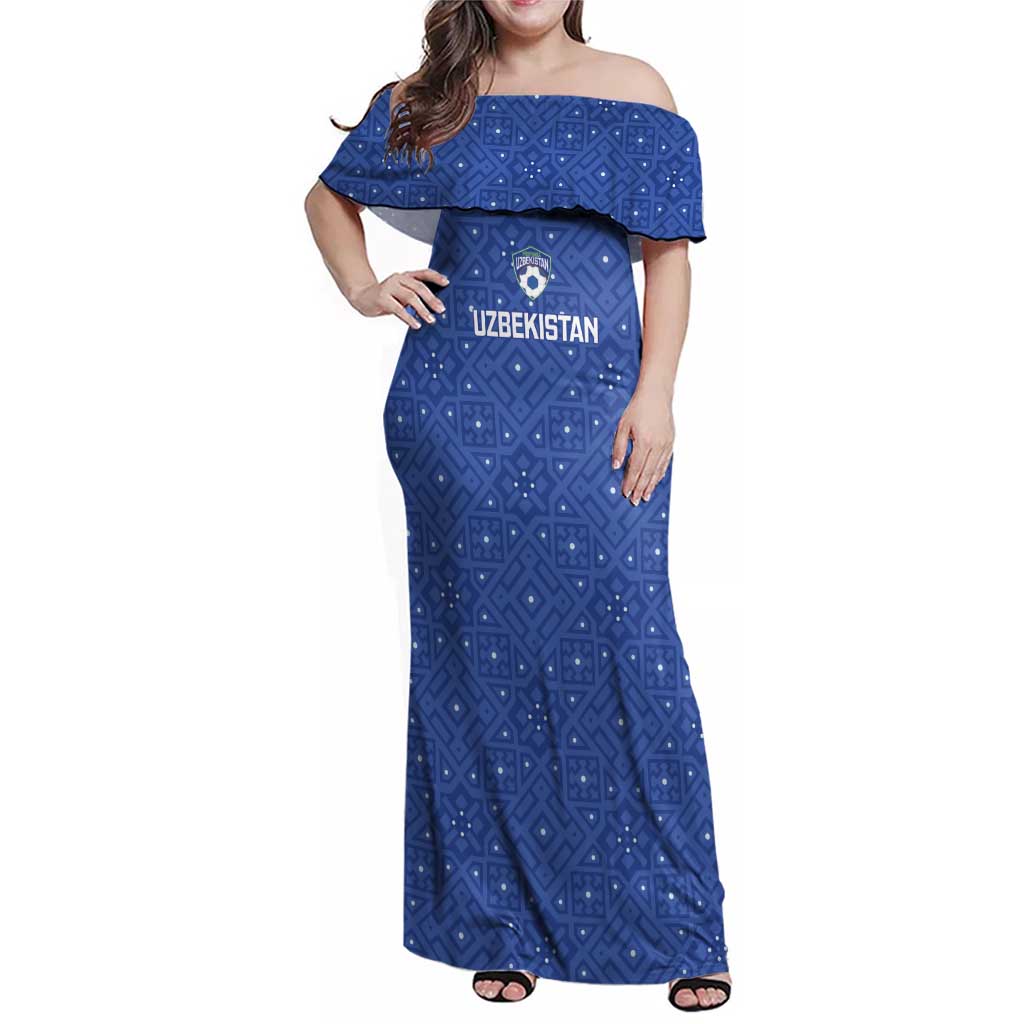 Uzbekistan Football Custom Family Matching Off Shoulder Maxi Dress and Hawaiian Shirt Come On White Wolves Blue - Wonder Print Shop