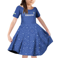 Uzbekistan Football Custom Family Matching Off Shoulder Short Dress and Hawaiian Shirt Come On White Wolves Blue - Wonder Print Shop