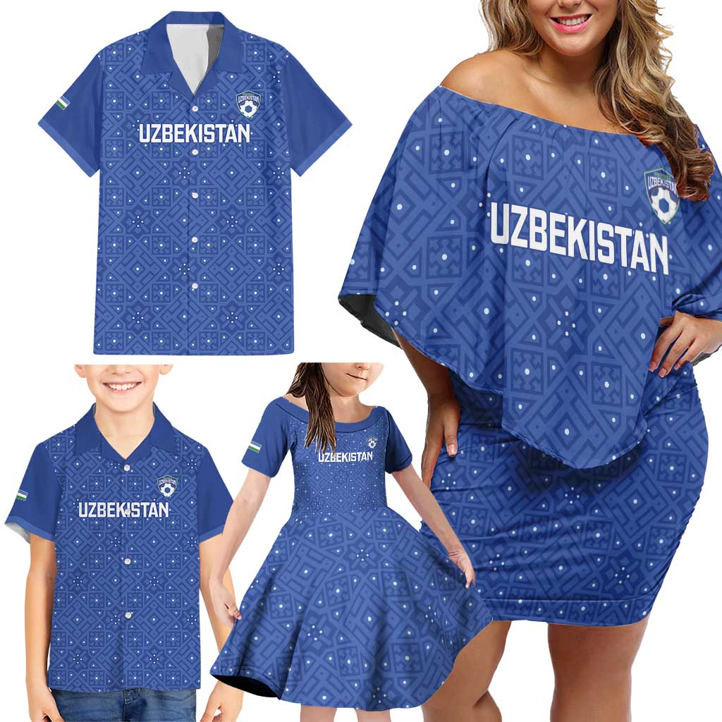 Uzbekistan Football Custom Family Matching Off Shoulder Short Dress and Hawaiian Shirt Come On White Wolves Blue - Wonder Print Shop
