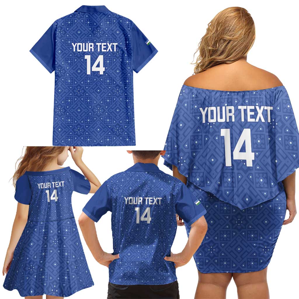Uzbekistan Football Custom Family Matching Off Shoulder Short Dress and Hawaiian Shirt Come On White Wolves Blue - Wonder Print Shop